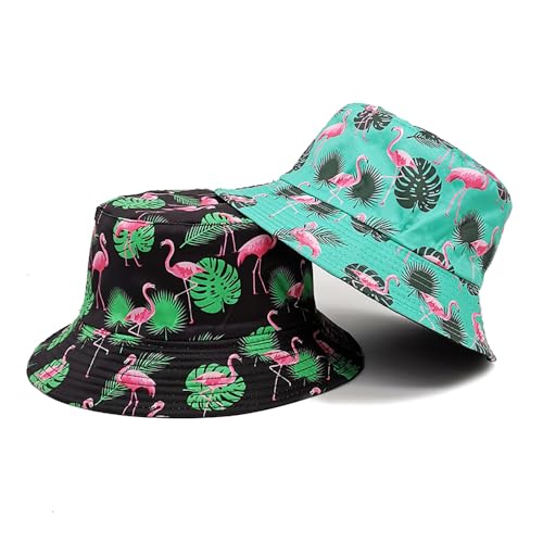 Printed Bucket Hat - Reversible Packable Summer Travel Beach Sun Cap for Men Women Teens - color: Flamingo Leaves