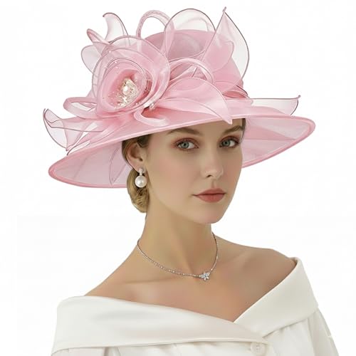 AQOKKA Women Organza Church Fascinators Kentucky Derby Hats for Women and Girls Wedding Flower Tea Party Hat with Wide Brim - color: Organza Rose : Pink