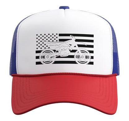 Dirt Bike Motocross Trucker Hat with Adjustable Mesh Back - color: Red/White/Royal Blue