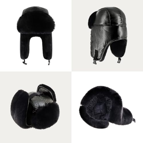 Waterproof Winter Trapper Ushanka Hat Ear Flap Chin Strap, Russian Style - color: Metallic (Black)