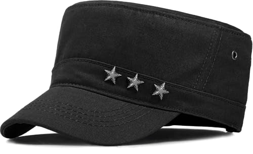 Glamorstar Unisex Cadet Army Caps Military Cap Vintage Flat Top Hats for Men Women - color: Black F