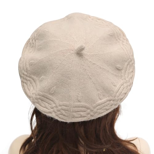 ZLYC Women French Beret Hat Reversible Solid Color Knit Warm Artist Cap - color: Cable Knit Beige
