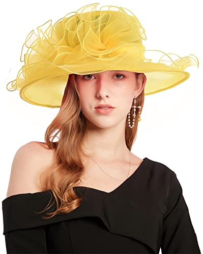 Women's Kentucky Derby Church Dress Hat Wide Brim Leaf Flower Bridal Shower Hat - color: G7 Yellow