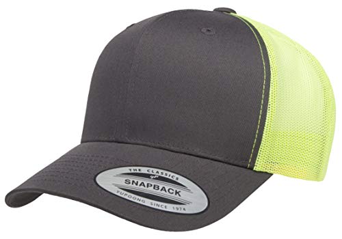Yupoong Classic Mesh 6 Panel Retro Trucker Cap | Mid Profile Snapback - color: Charcoal/Neon Yellow