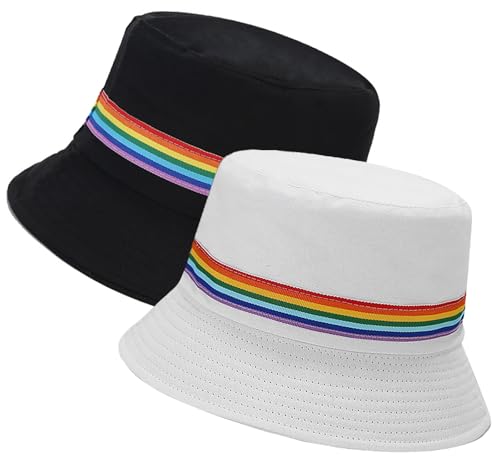XYIYI 2 Pack Unisex Bucket Hat for Women Men Summer Beach Fishing Hat Sun Hat - color: Rainbow Ribbon Black White
