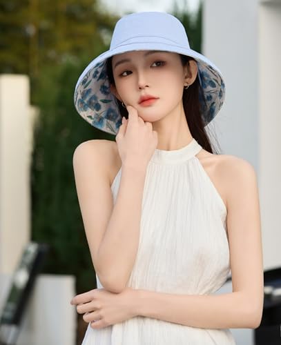 HUAMULAN Women Wide Brim Reversible Sun Hat Summer Beach Fishing Bucket - color: Lightblue Floral