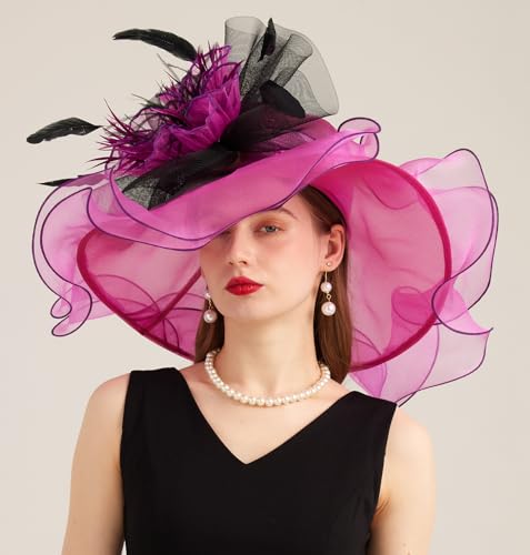 Women Derby Church Hat Organza Flower Wedding Tea Party Fascinator Wide Brim Sun Hat - color: 10-fuchsia
