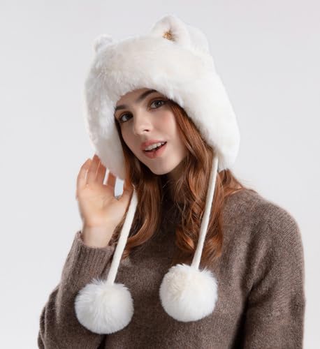 Outdoor Warm Earflap Beanie Hat with Brim Baseball Slouchy Knitted Visor Skull Caps for Women Men Black - color: White