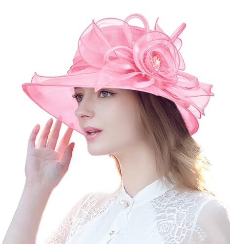 Women's Organza Derby Fascinator Hat Cloche Bowler Hat Cocktail Tea Party Wedding Sun Hat - color: B5-rosered
