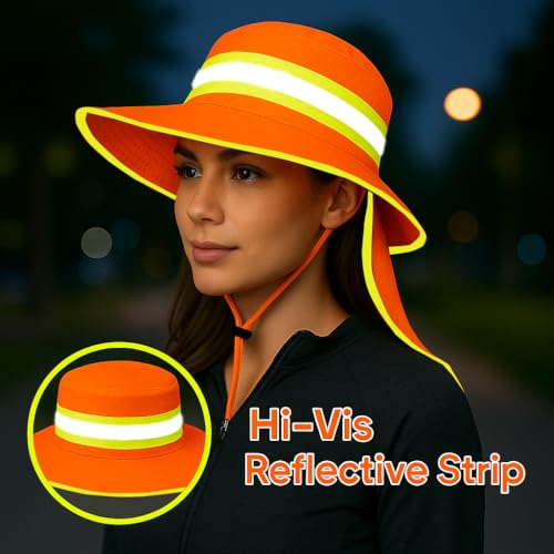 Men High Visibility Reflective Work Safety Sun Hat with Neck Flap Wide Brim Boonie UV Protection - color: 2pcs (Orange+lime)