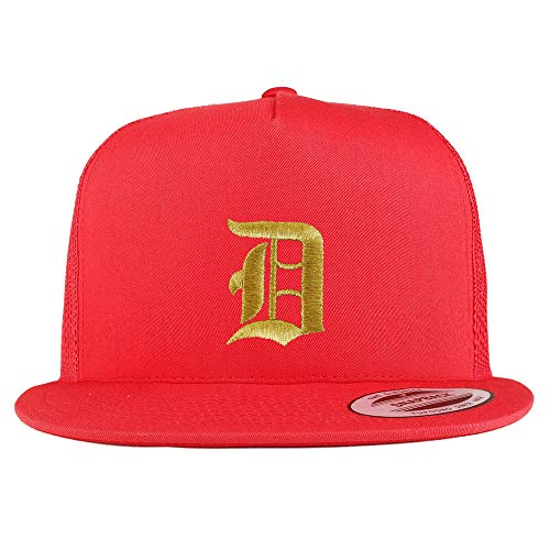 Trendy Apparel Shop Old English Gold D Embroidered 5 Panel Flatbill Trucker Mesh Cap - color: Red