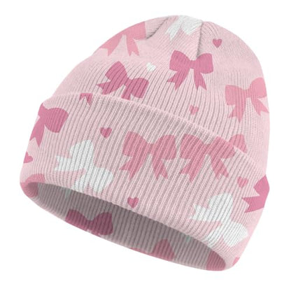 Kids Beanie Knit Hat Winter Unisex Cuffed Beanies Skull Cap Warm Double Layer Thick Acrylic Cute for Girls Boys - color: Pink Bowknot