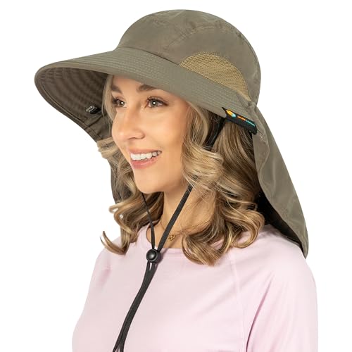 SUN CUBE Wide Brim Sun Hat with Neck Flap for Men Women, UPF50+ Fishing - color: Olive