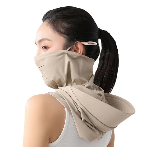 3-in-1 Cooling Breathable Balaclava Face Mask with Nose Mesh Sun UV Protection Hood Full Head Cover Women Outdoor - color: Khaki