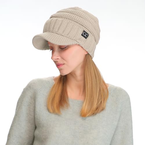 C.C Trendy Warm Oversized Chunky Soft Oversized Ribbed Slouchy Knit Hat with Visor Brim - color: Beige