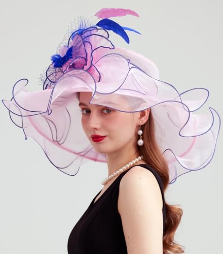 Women Organza Derby Hat Fascinator Tea Party Wedding Church Derby Hat Fascinator Hats Dual-use - color: 02c Light Pink