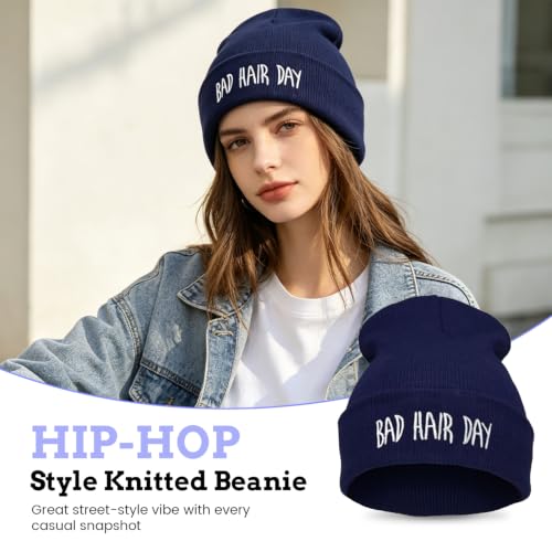 Knit Beanie Hat for Women Men Bad Hair Day Embroidered Winter Skull Cap - color: Navy Blue