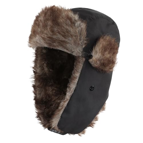 Trapper Hat Warm Faux Fur Winter Hat with Ear Flaps Windproof Waterproof Snow Ski Hats for Men Women Cold Weather - color: Black