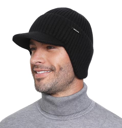 Wmcaps Winter Beanie with Brim & Ear Flaps, Fleece Lined Hat for Men Women - color: Black