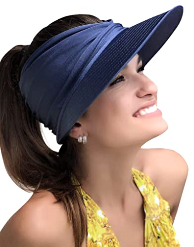 Muryobao Womens Sun Visor Hat Wide Brim Summer UPF 50+ UV Protection Beach Sport Cap - color: Navy Blue