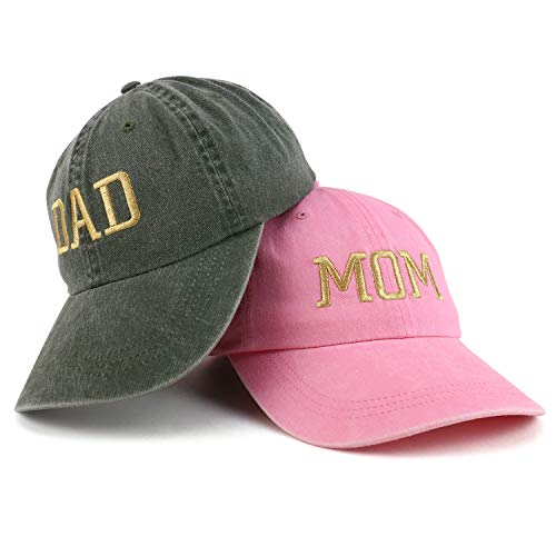 Trendy Apparel Shop Capital Gold Thread Mom and Dad Pigment Dyed 2 Pc Cap Set - color: Pink Olive