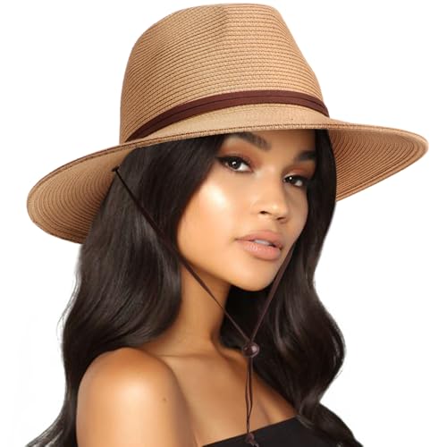 AQOKKA Summer Straw Fedora Hat for Women Men Travel Panama Hat with Wide Brim Roll Up Sun Hat for Beach Outdoor UPF 50+ - color: Panama Hat : Khaki