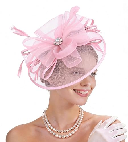 Zinniday Victoria Tea Party Hat - Vintage 1920s 50s Feather Mesh Kentucky Hat 2026 Derby Fascinator for Funeral Church Prom - color: Pink