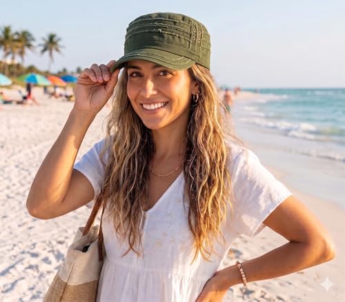 D&Y Unisex 100% Cotton Military Cadet Hat - Distressed Frayed Flat Top Cap - Adjustable Everyday Patrol Hat - color: Olive