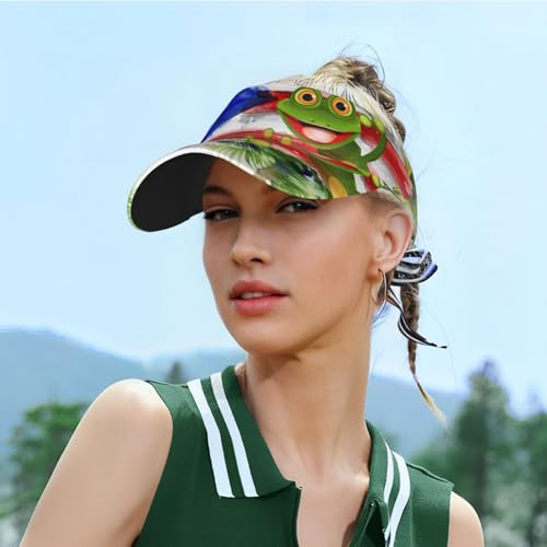 Puerto Rico Flag Sun Visors Hat Golf Tennis Visor for Women Men - Summer Wide Brim Ponytail Beach Hats Packable - color: Puerto Rico Tropical Frog