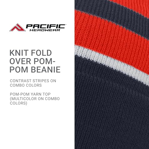 Pacific Headwear Unisex Adult Pacific Headwear Knit Fold Over Pom-pom Beanie - color: Navy/Red/White, size: One Size