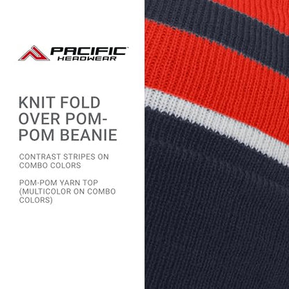 Pacific Headwear Unisex Adult Pacific Headwear Knit Fold Over Pom-pom Beanie - color: Navy/Red/White, size: One Size