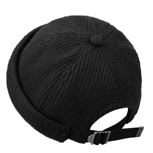 Clakllie Warm Brimless Hat Knitted Skull Cap Docker Hat Soft Beanie Worker Hat Rolled Cuff Sailor Fisherman Leon Hat - color: S-dbh04-black