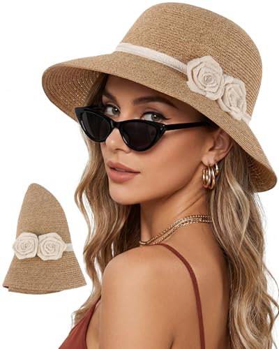 Ababalaya Elegant Straw Sun Hat with Handmade Crochet Flowers - color: Beige