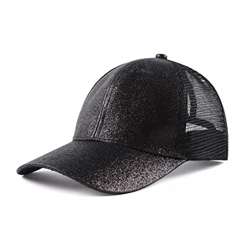 Zsedrut Girls Glitter Baseball Cap Kids Adjustable Ponytail Hat Toddler Summer Mesh Trucker Hats - color: Black