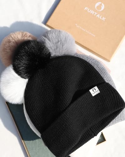FURTALK Pom Pom Winter Hats for Women Fleece Lined Slouchy Warm Beanie Skull Cap - color: Black