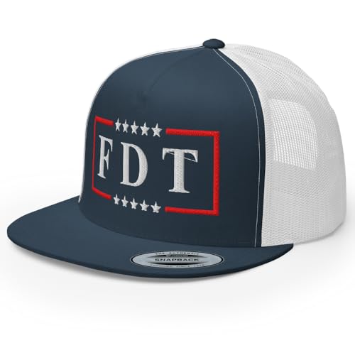 NX FDT Embroidered Flat Bill Trucker Hat High Crown Adjustable FDT Hat - color: Navy/ White