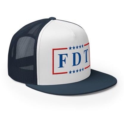 NX FDT Embroidered Flat Bill Trucker Hat High Crown Adjustable FDT Hat - color: Navy/ White/ Navy