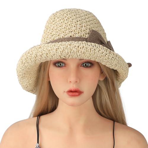 Women Wide Brim Floppy Straw Hats Beach Sun Hat Summer Cap with Bowknot UV Hat Sunhats Cloche Hat Strap Adjustable - color: Beige