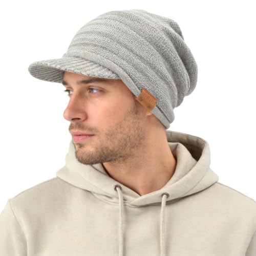 Ruphedy Mens Beanie with Brim Winter Hat Knitted Thick Fleece Visor Beanie - color: B319-light Grey