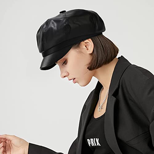 XYIYI Women Fiddler Cap Newsboy Hat PU Leather Visor Beret Cap Paperboy Gatsby Hat - color: Black