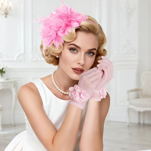 Pistha Fascinators Hats for Women and Tea Party Gloves for Tea Party Dress - color: Pink