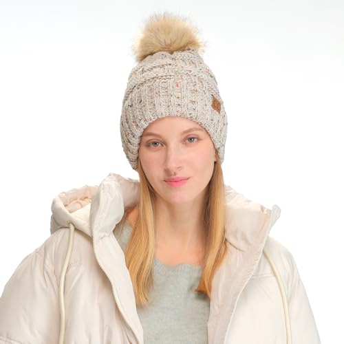 C.C Knit Beanie Hat – Fuzzy Fleece Lined Warm Winter Hat, Faux Fur Pom Soft Stretchy Slouchy Knit Cap, Cold Weather Beanie - color: Oatmeal