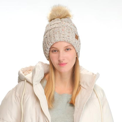 C.C Knit Beanie Hat – Fuzzy Fleece Lined Warm Winter Hat, Faux Fur Pom Soft Stretchy Slouchy Knit Cap, Cold Weather Beanie - color: Oatmeal