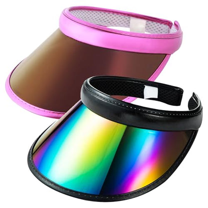 2 Pack Sun Visor Hats Women Men Clip-on Iridescent Clear Sport Outdoor Cap - color: 2 Pack,black Rose Red