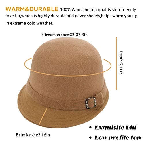 Winter Cloche 100% Wool Bucket Hat for Women Elegant Dress 1920s Vintage Fedora Hats Church Derby Party Fashion - color: 2brown