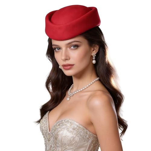 Wool Felt Pill Box Hats for Women Vintage 60s Fascinators Church Hats Cocktail Stewardess Derby Hats with Comb - color: Red