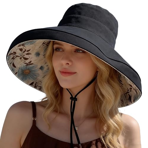 Women Bohemian Reversible Sun Hat Wide Brim Fishing Hats - color: Black Boho Print