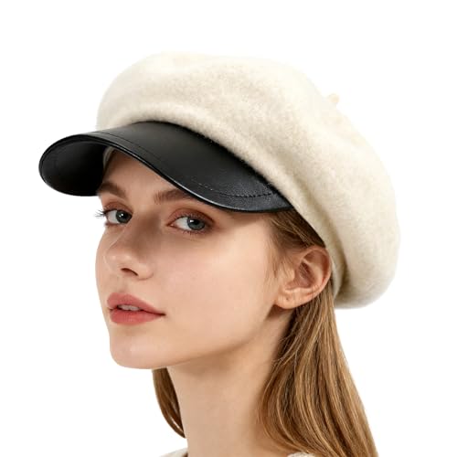 Andiker Beret Hats for Women, Warm Wool Blend and PU Leather Newsboy Hat, Fashion Vintage Ladies Winter Hat - color: Beige