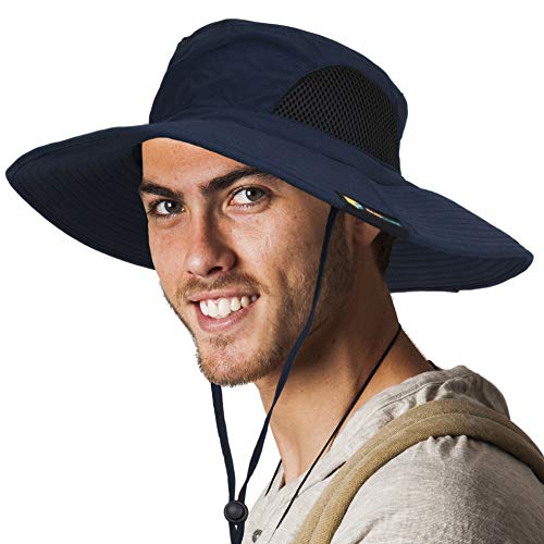 SUN CUBE Wide Brim Sun Hat for Men & Women, UPF 50+ UV Protection, Mesh Boonie Hat with Chin Strap, Fishing Hiking Hat - color: Navy