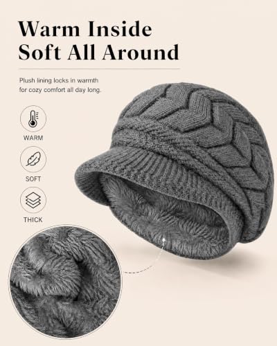 YSense 2 Pack Womens Winter Hats Warm Knit Beanie with Visor - color: Black Dark Grey